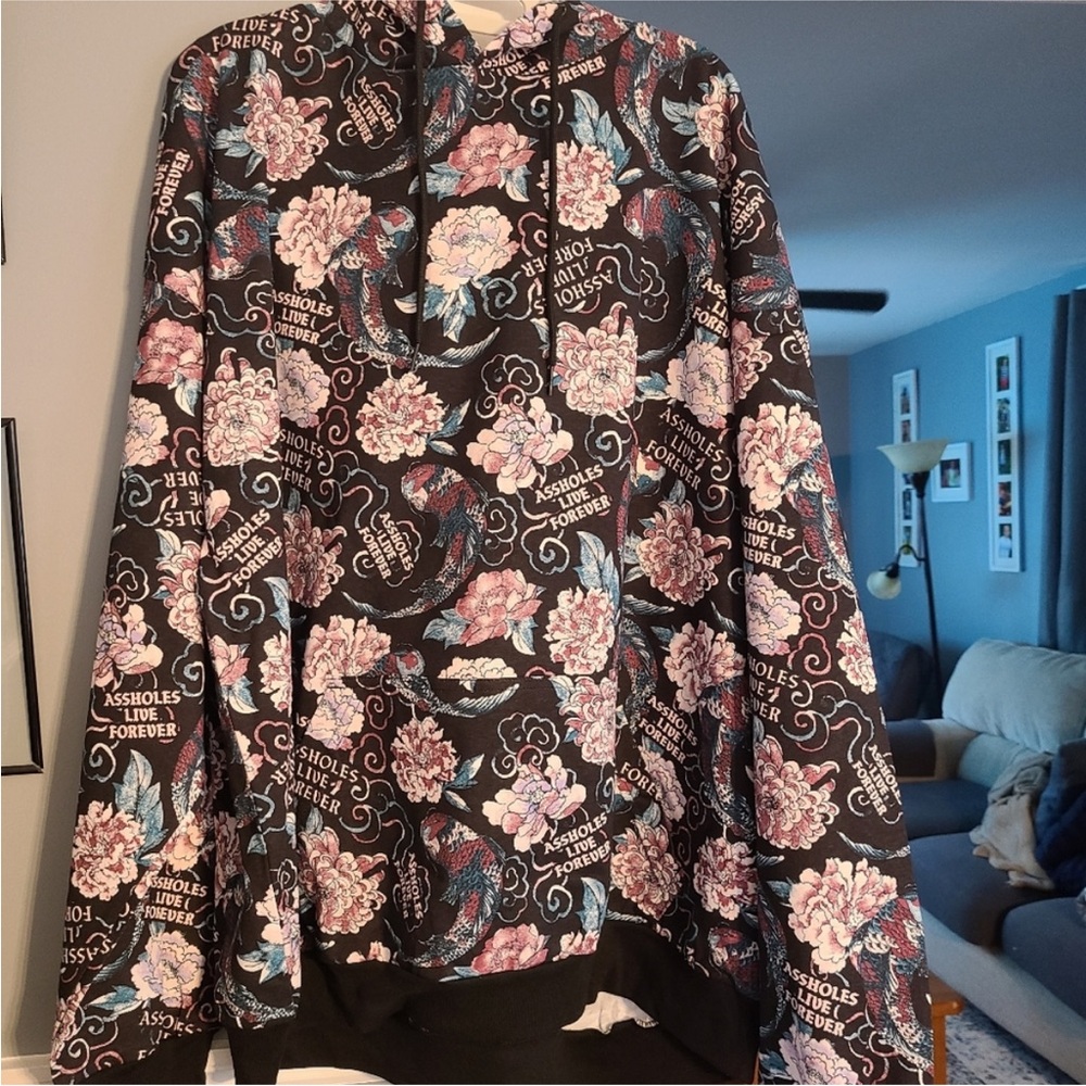 Assholes Live Forever Floral Koi Hoodie Size XL Unisex black pullover EUC ALF